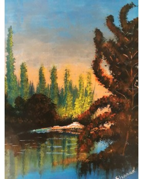 coniferous forest lake (Paper) with frame (12"X18")